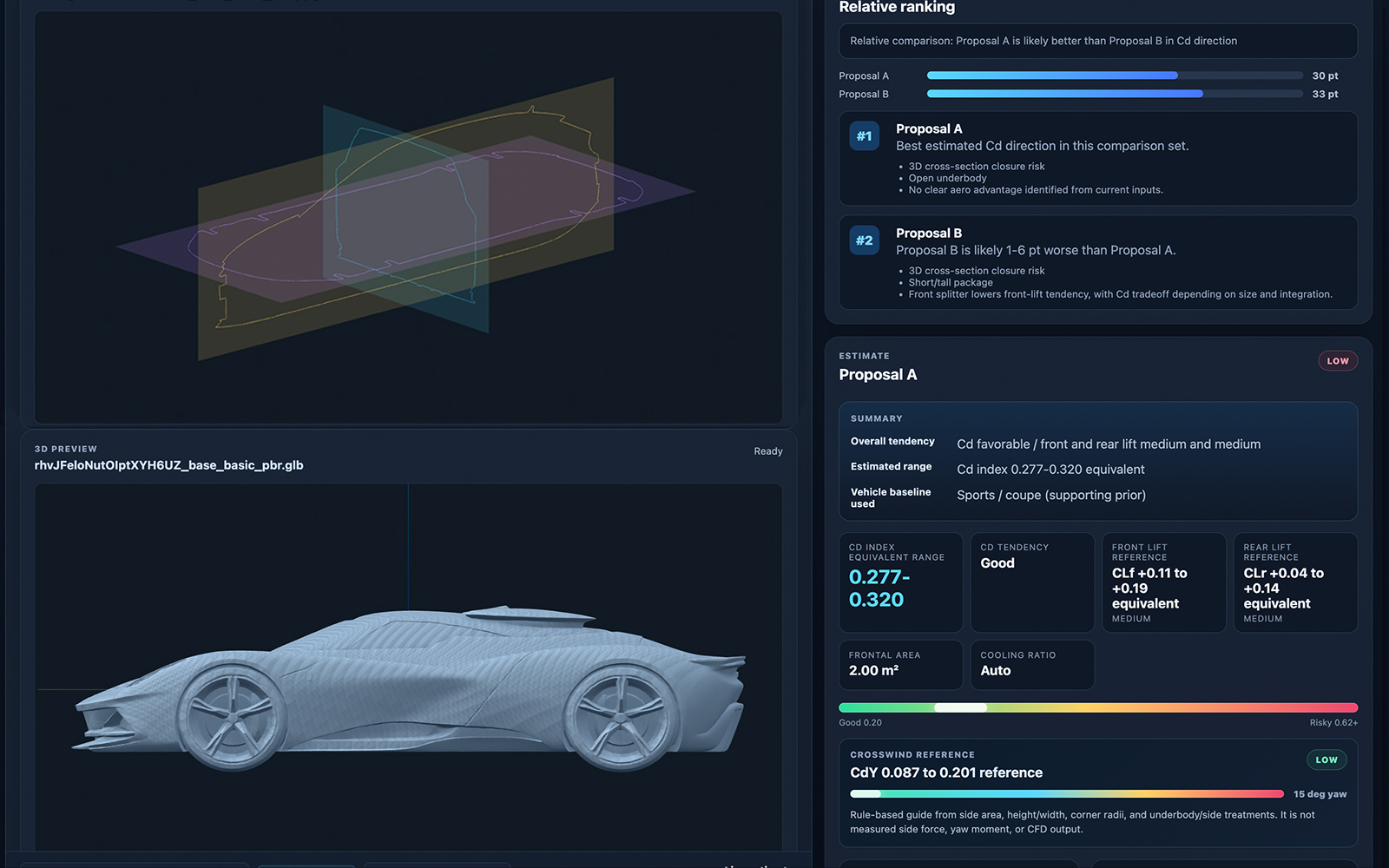 Aero EstimatorでCd・CL傾向や各案を比較する画面