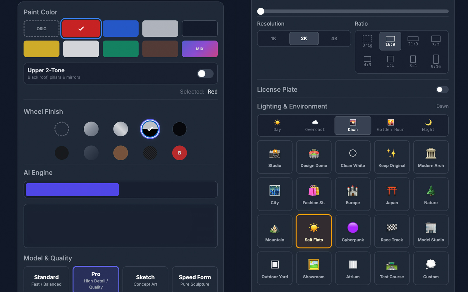 Screen for selecting a Render workflow and settings